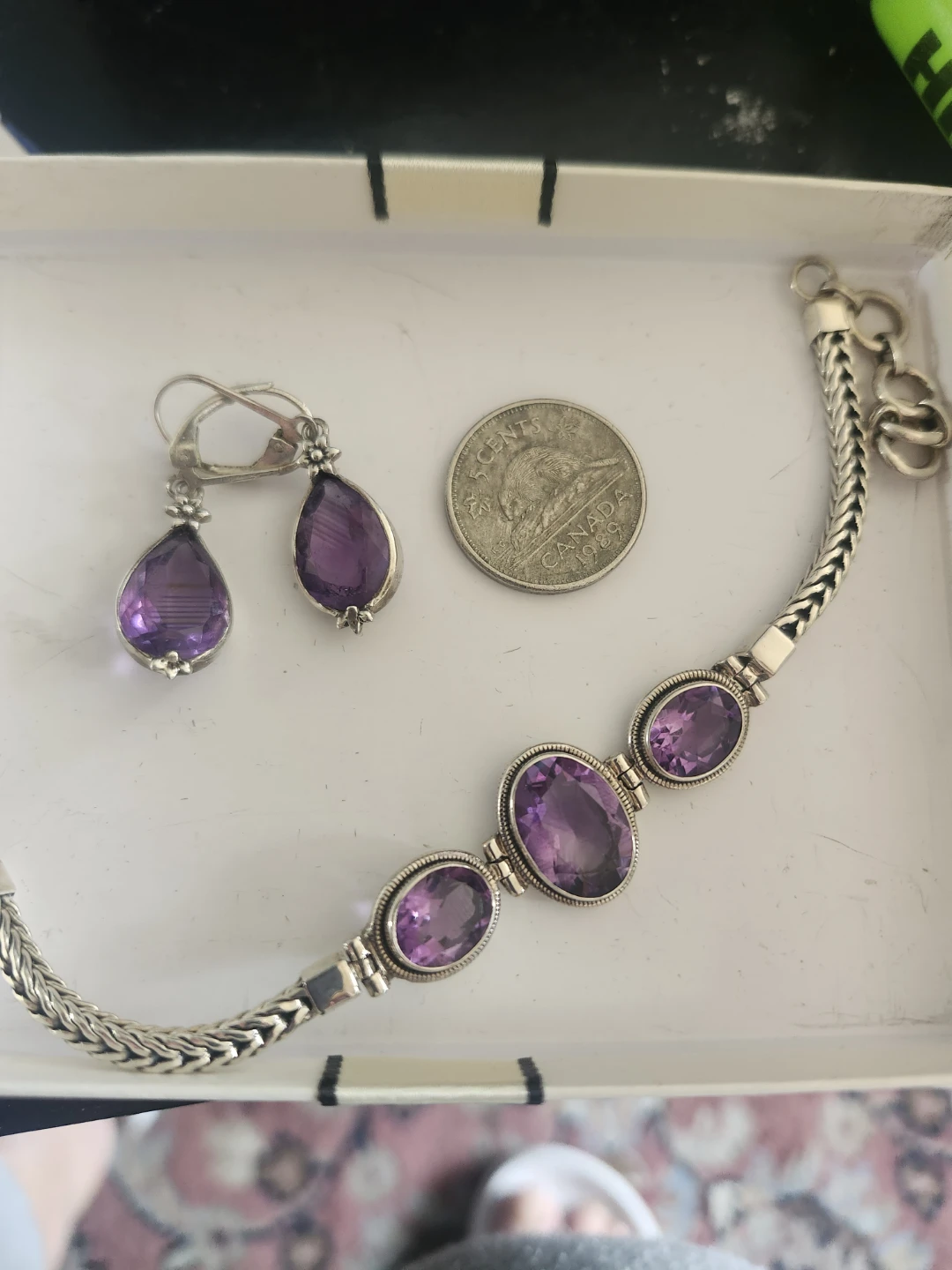 Amethyst Silver Dangle Earrings and Bracelet Set
