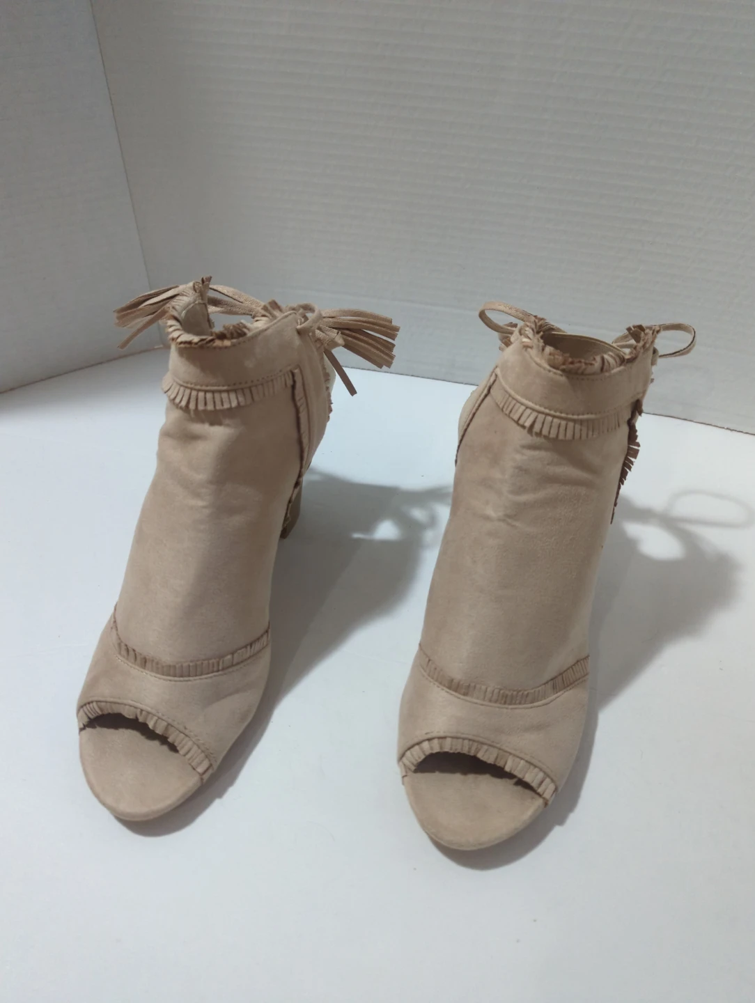 Beige Peep Toe Heeled Booties with Tassels and Fringe