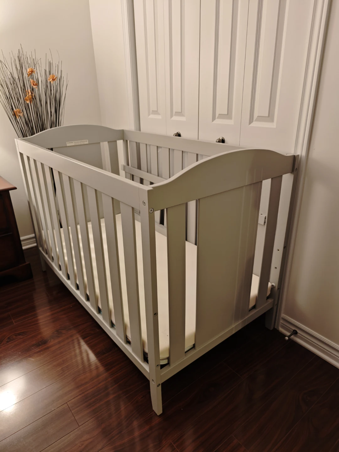 Grey Wooden Baby Crib with Mattress