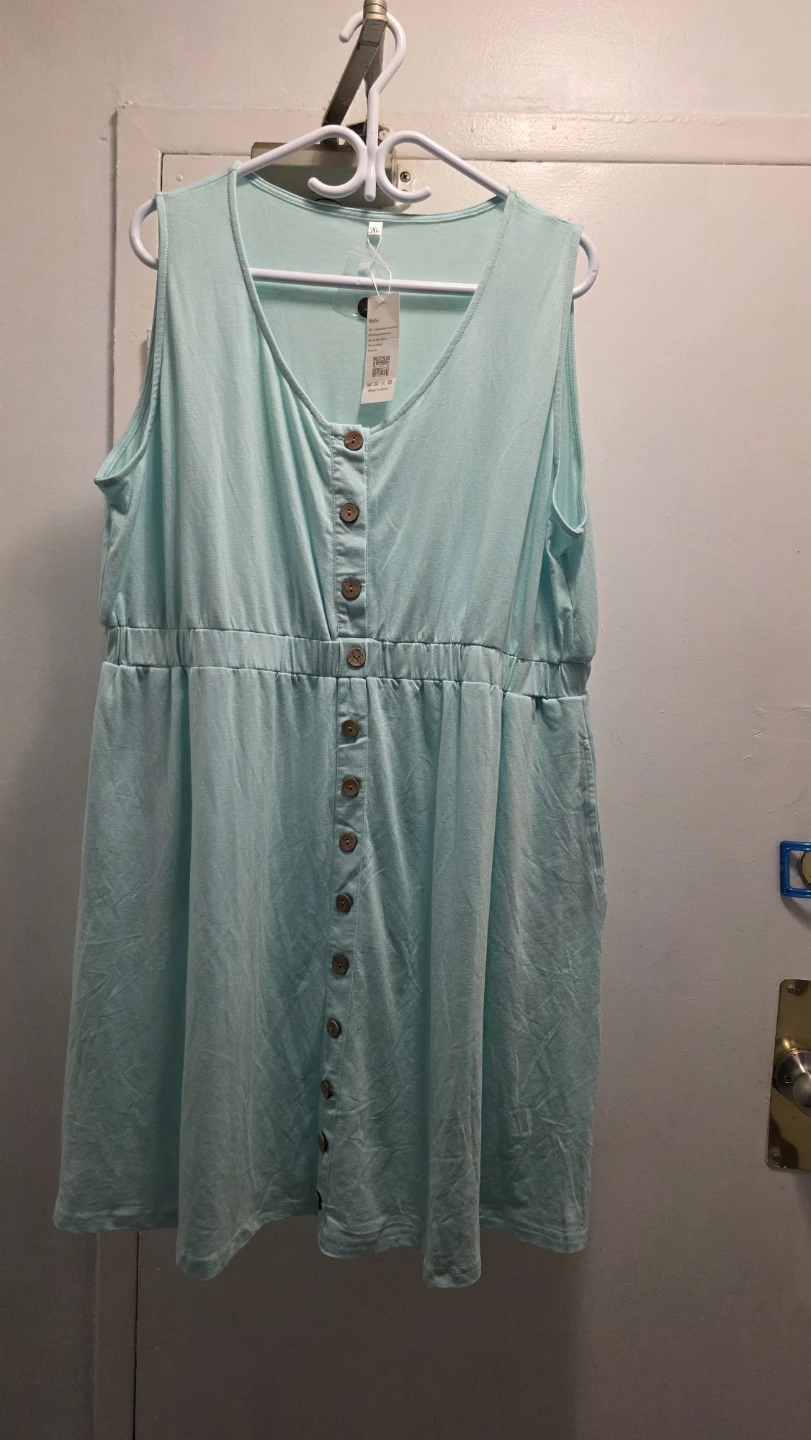 WNEEDU Women's Sleeveless Button-Down Dress - Light Blue - 3XL