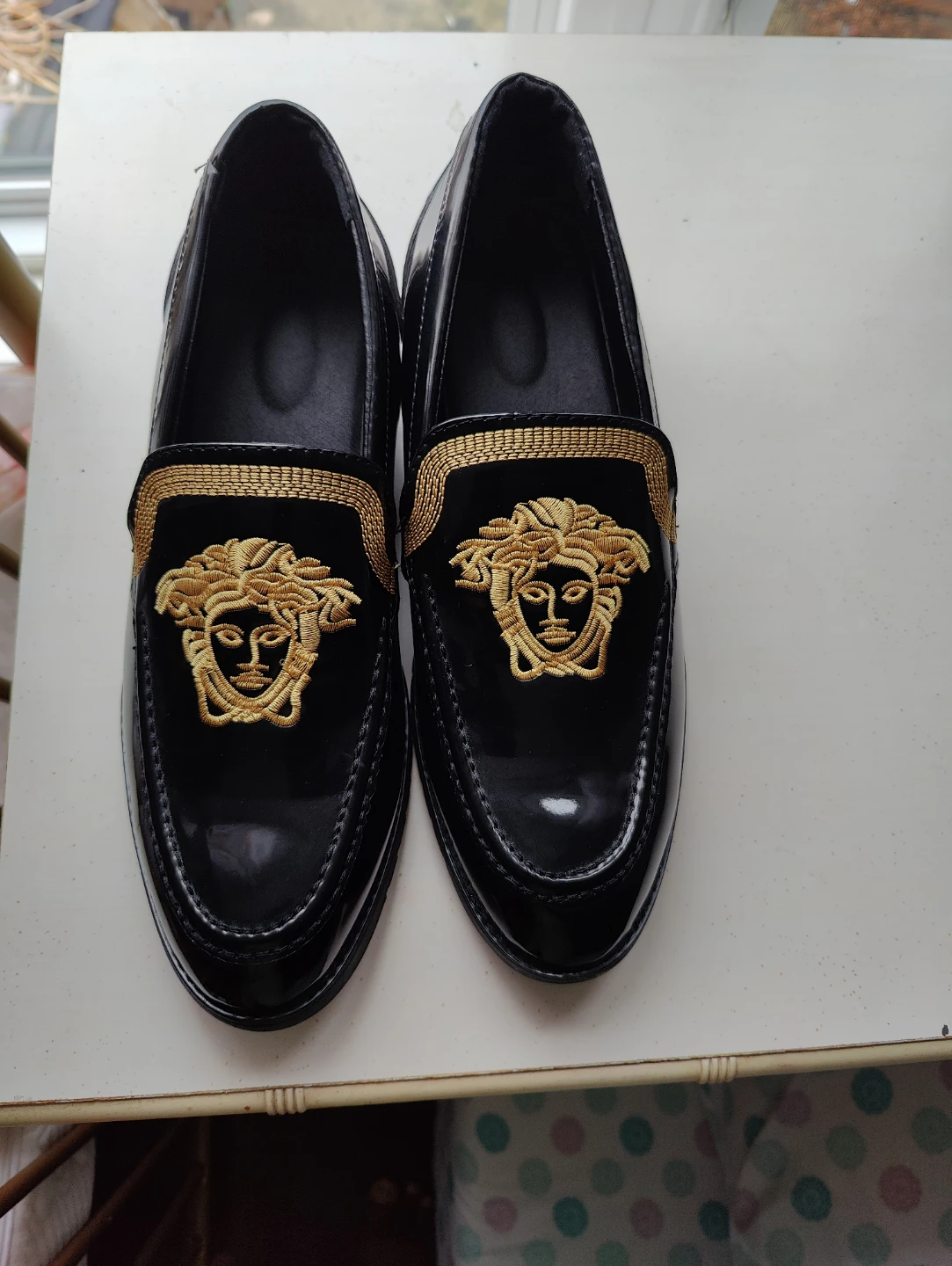 Black Loafers with Gold Medusa Embroidery
