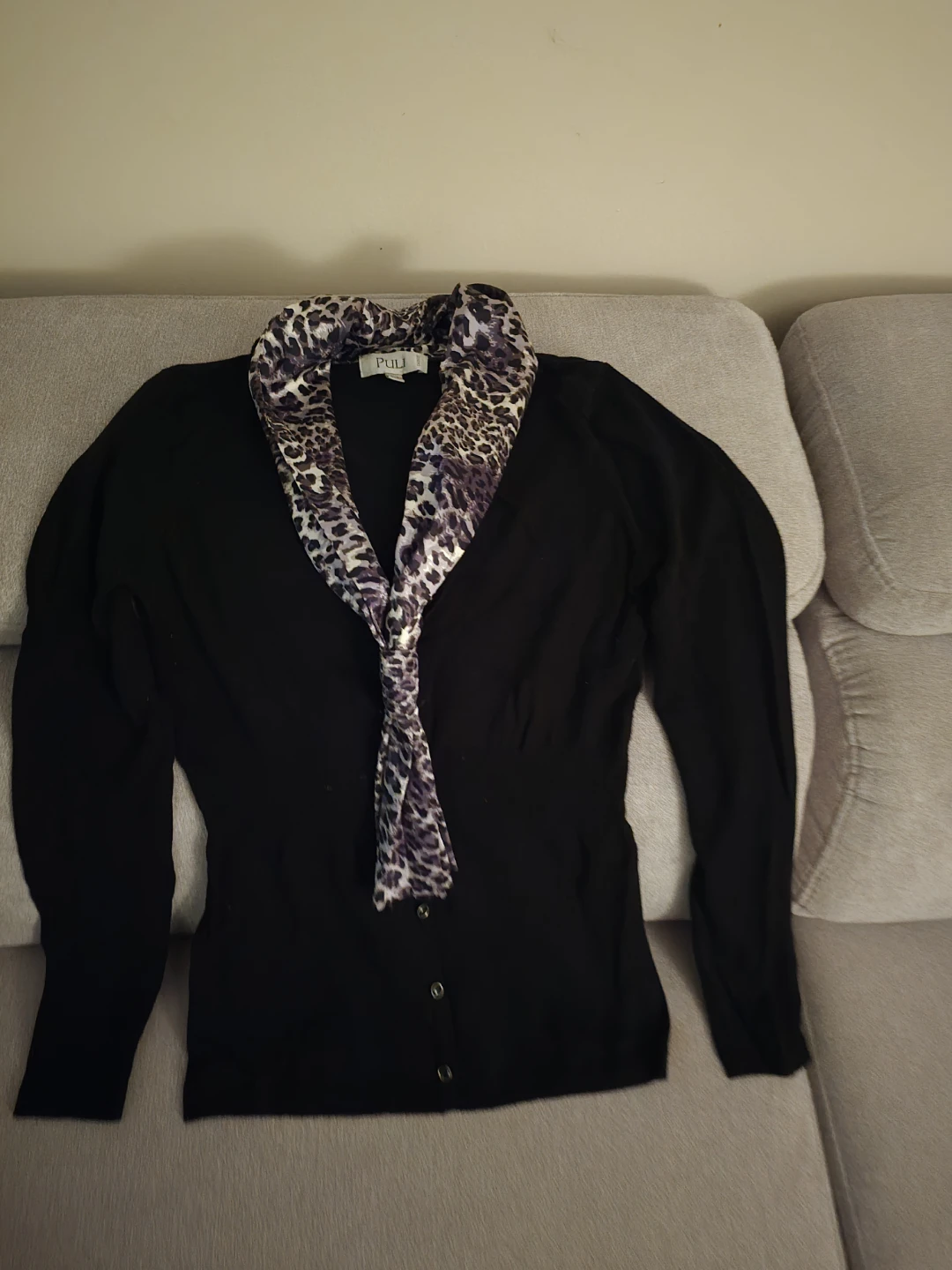PULI Black Cardigan with Animal Print Scarf Detail