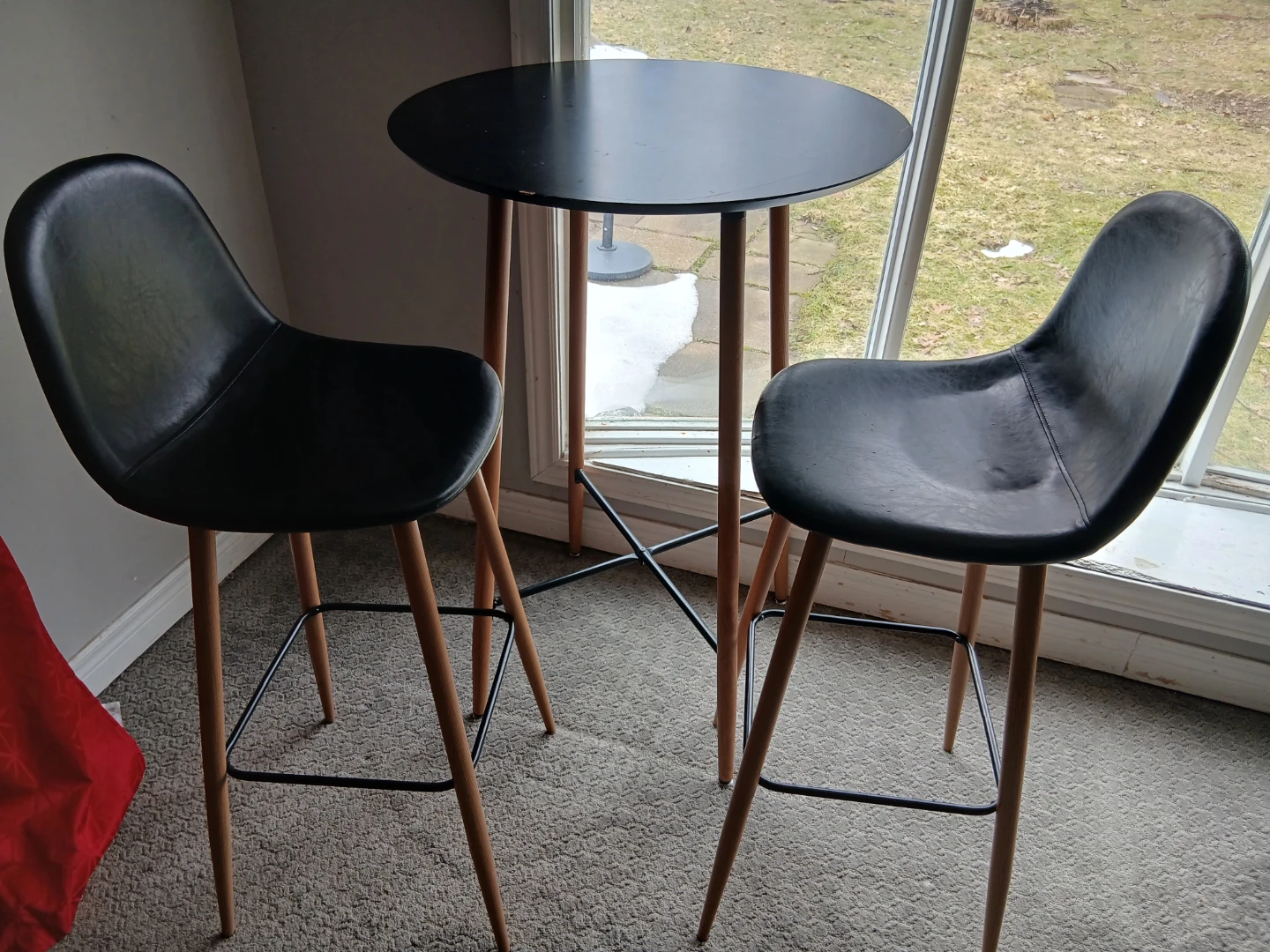 Black Faux Leather Bar Stools (Set of 2) with Wood Legs