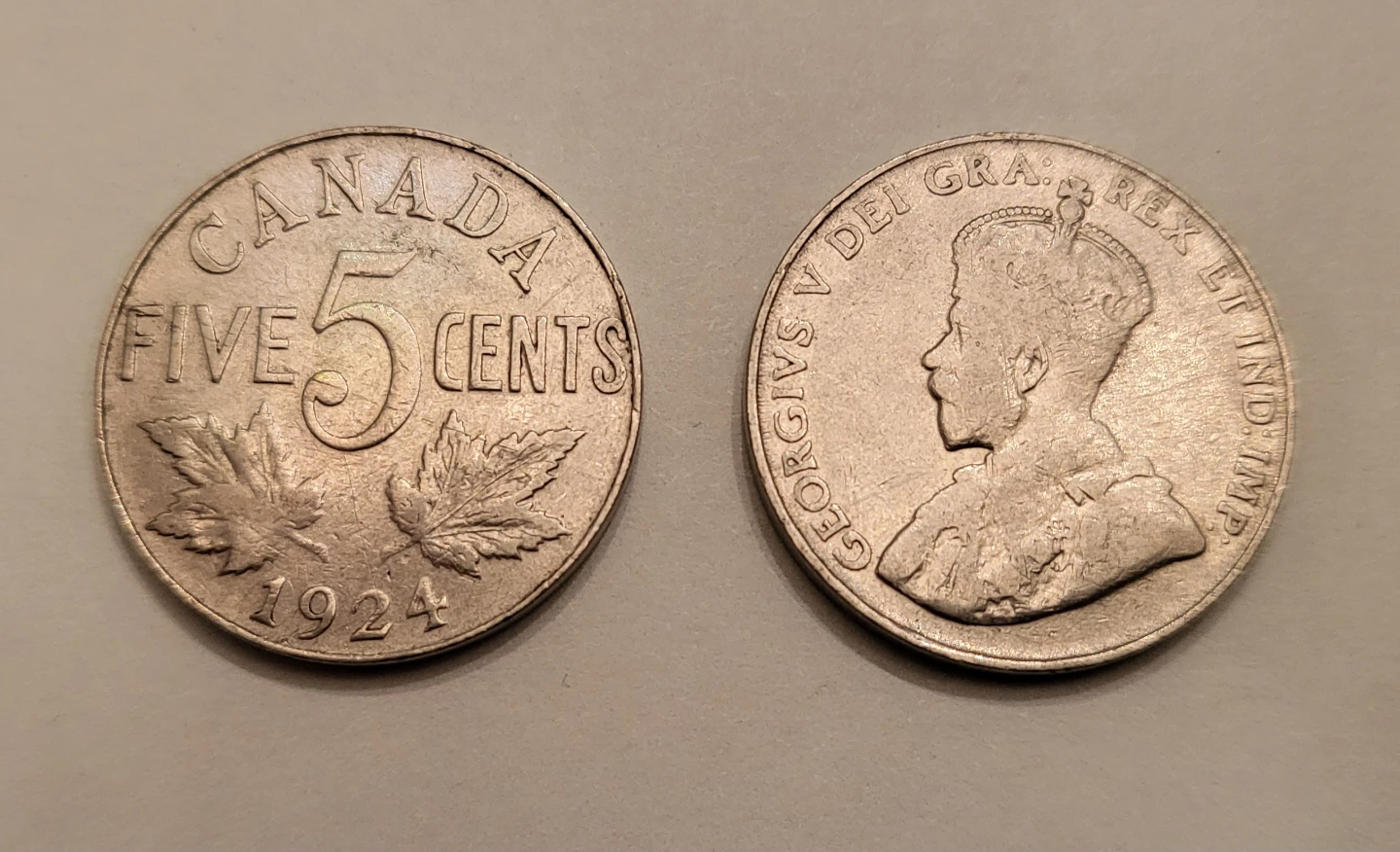 Antique 1924 Canadian 5 Cent Coin