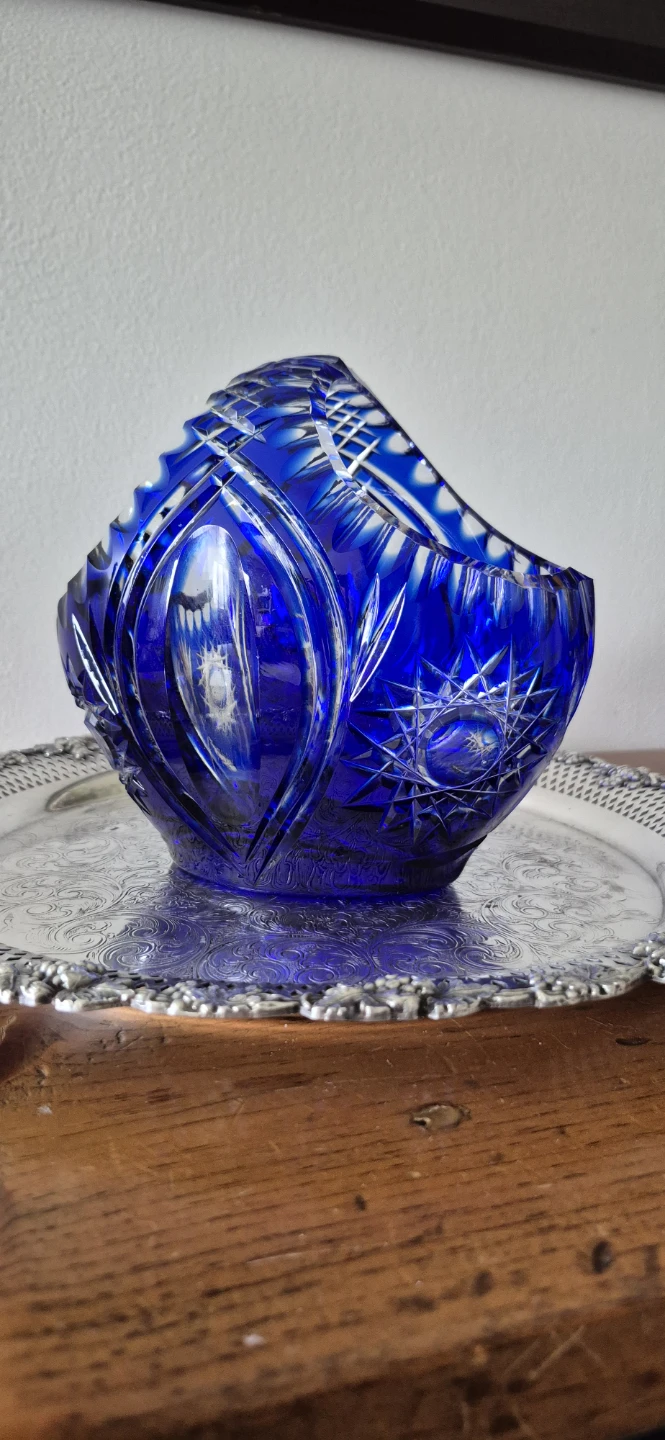 Cobalt Blue Cut Crystal Basket Vase. 16cm
