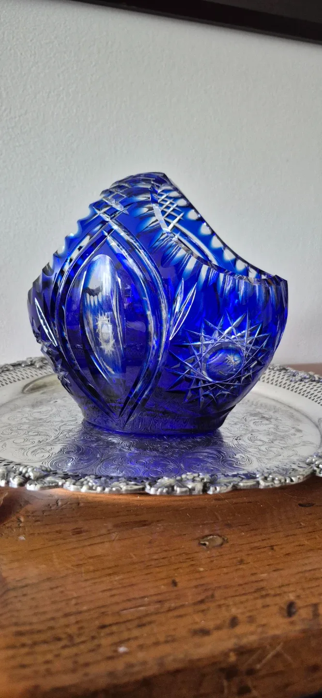 Cobalt Blue Cut Crystal Basket Vase. 16cm