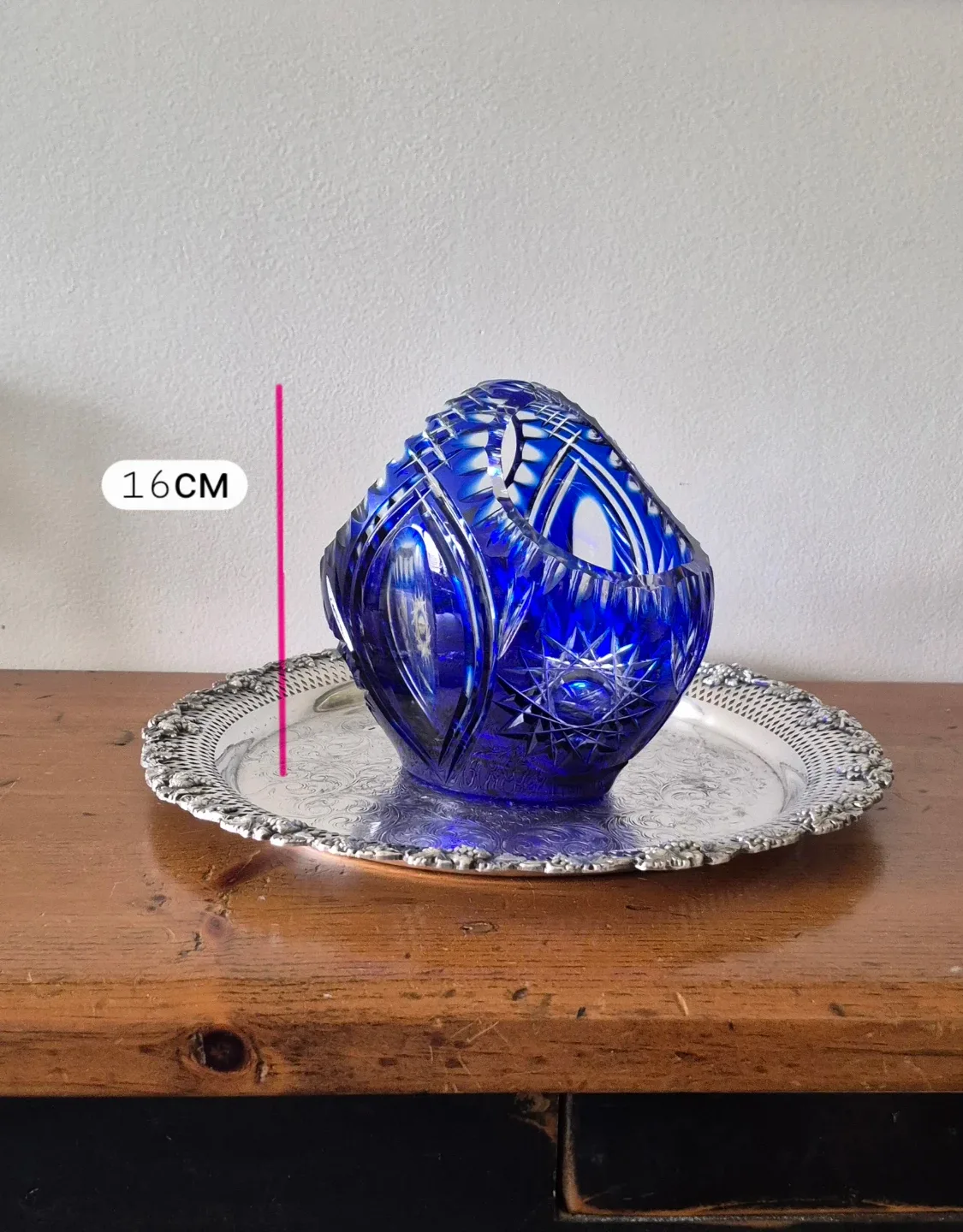 Cobalt Blue Cut Crystal Basket Vase. 16cm - photo 2