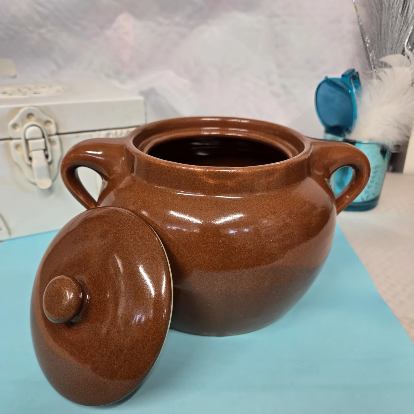 Brown Ceramic Bean Pot with Lid - photo 4