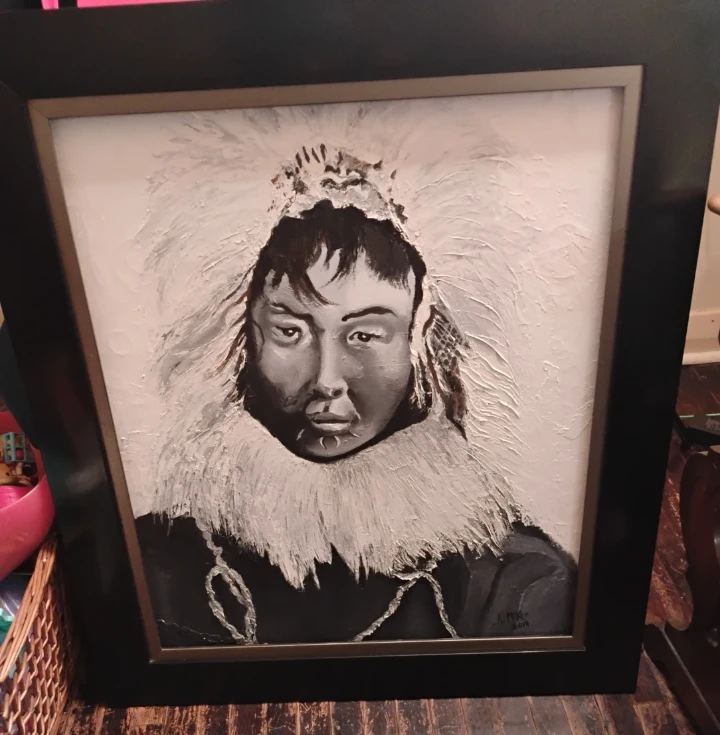 Framed Portrait Painting of Person in Fur-Lined Hood