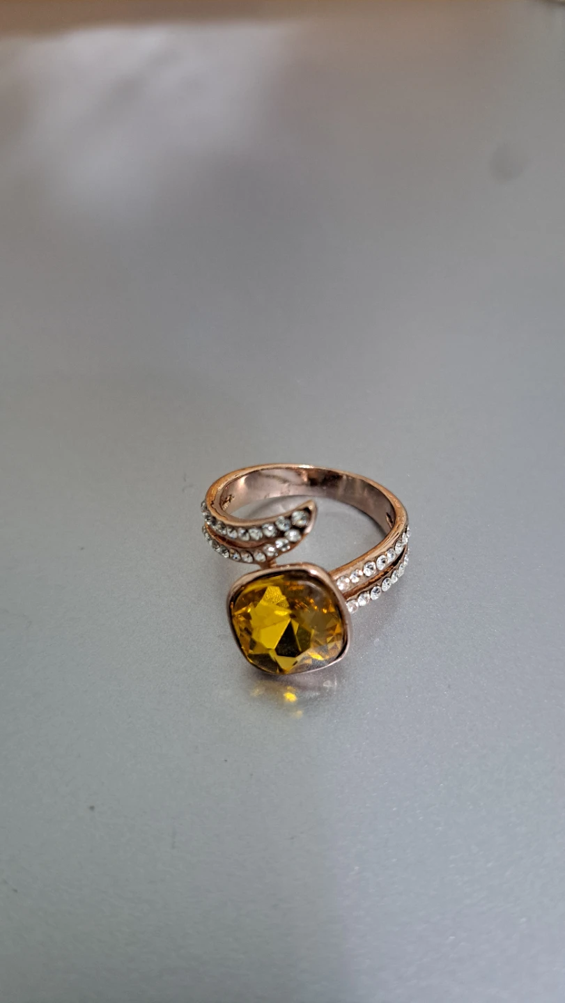 Rose Gold Tone Ring with Yellow Stone and Rhinestones