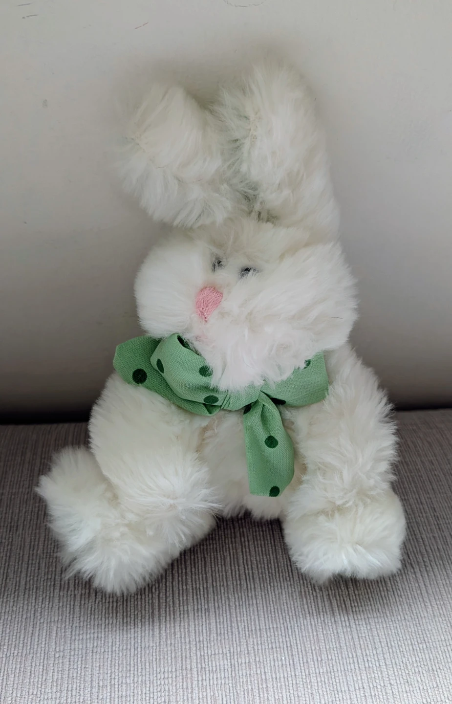 White Fluffy Bunny Plush with Green Polka Dot Scarf