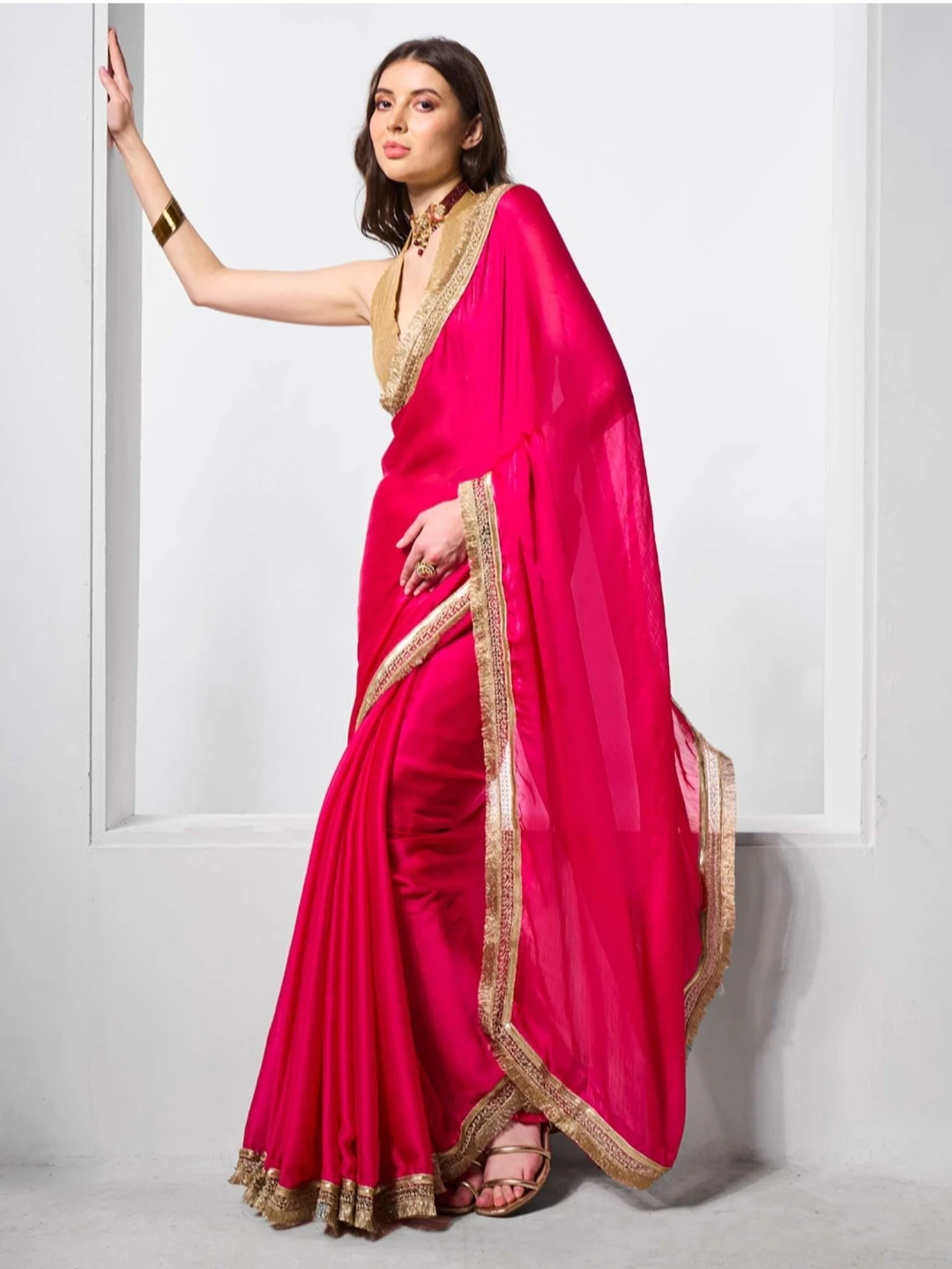 Fuchsia Saree with Gold Border and Blouse