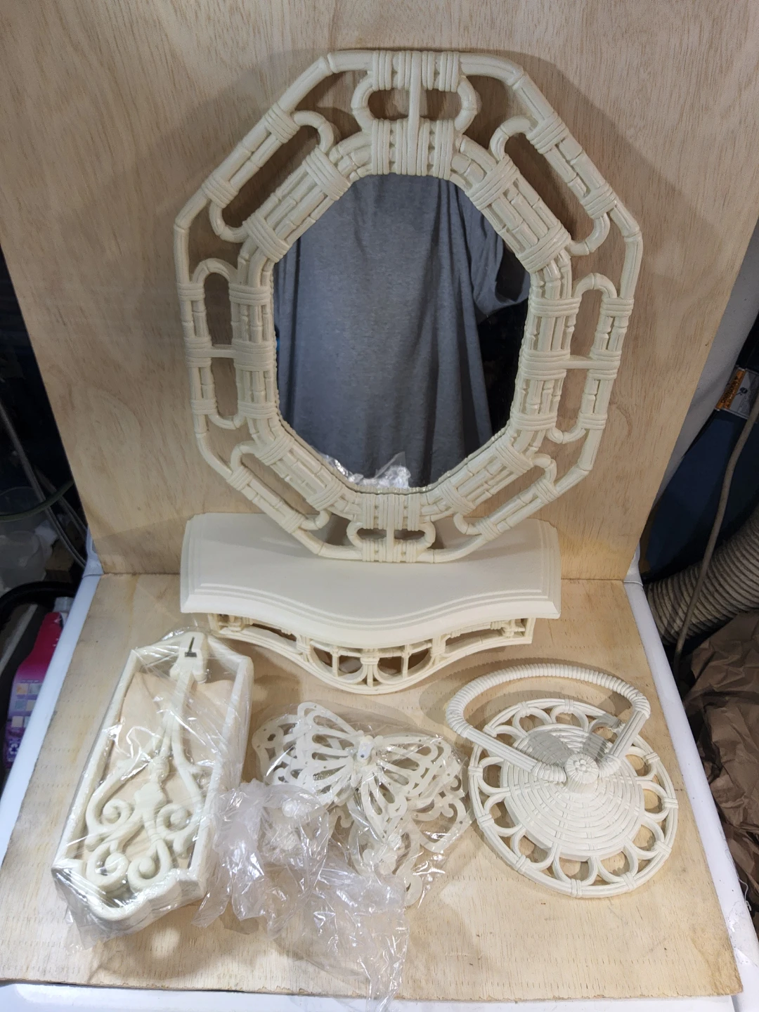 VTG Homco Wall Decor Set wicker Mirror Shelf Candle