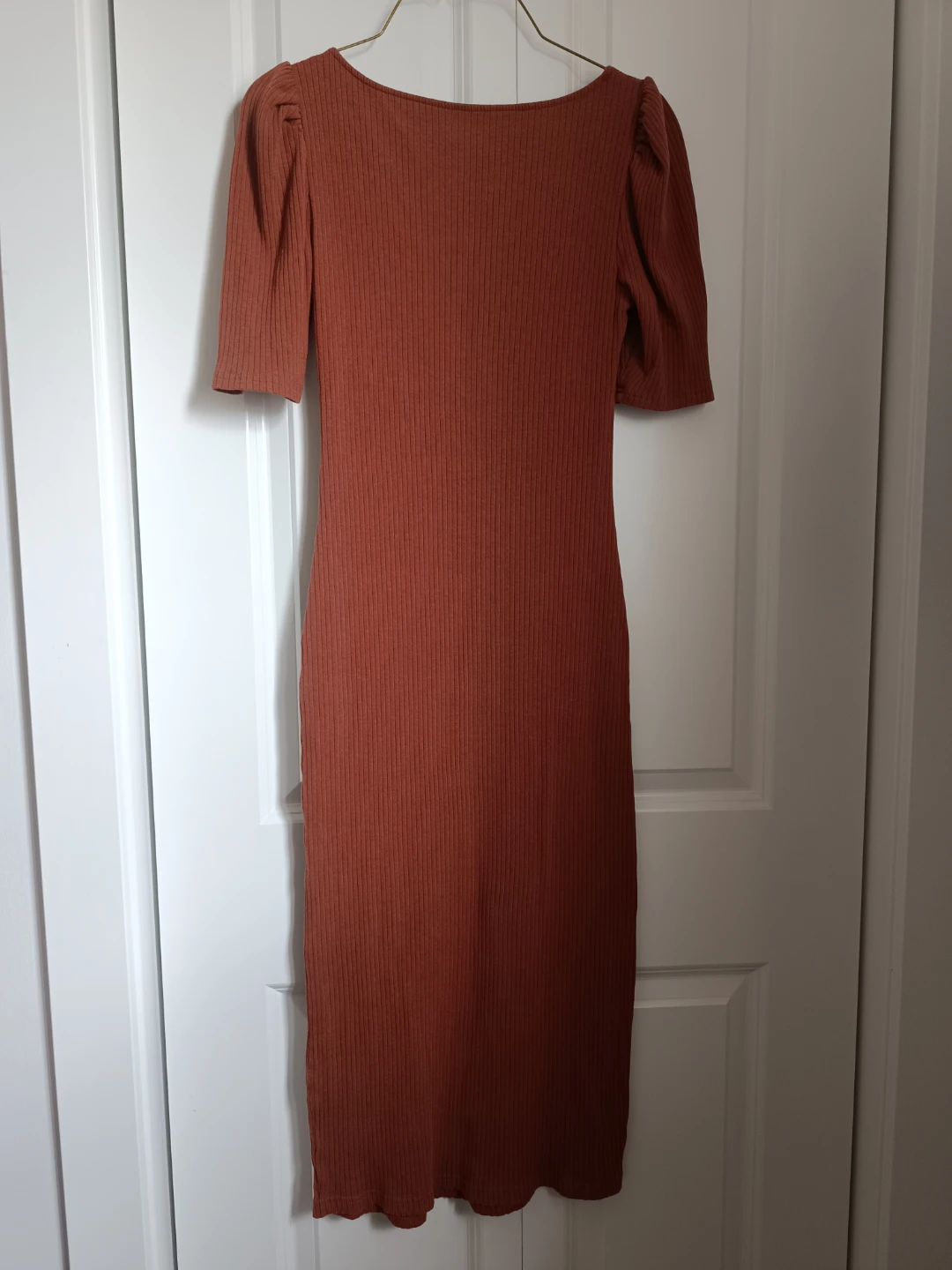 Ribbed Puff Sleeve Midi Dress - Rust - photo 3
