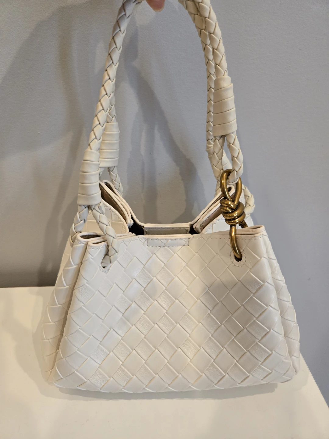 White Woven Leather Tote Crossbody Handbag