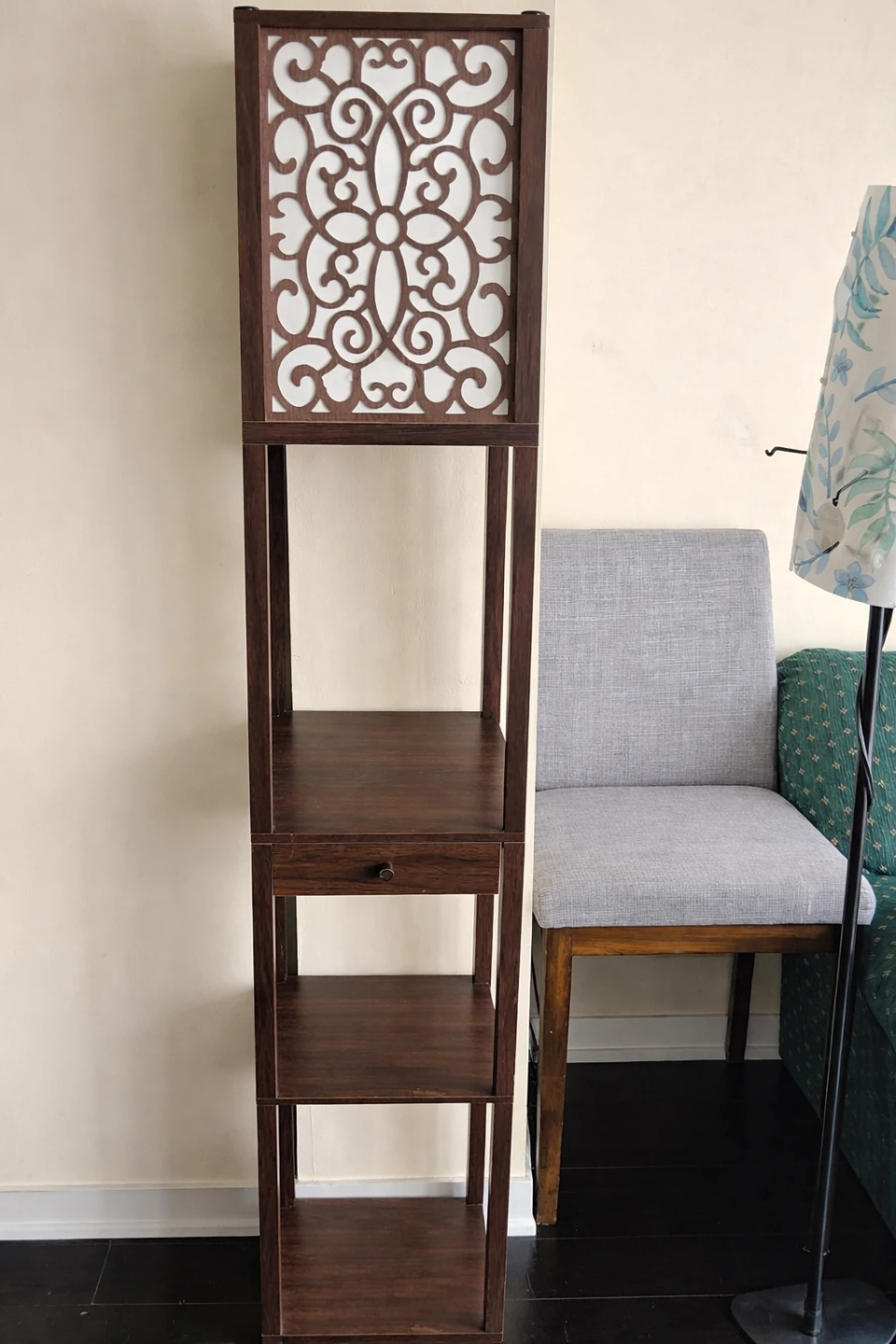 Lamp with showcase Tall Brown Wood Display Shelf with Ornate Top