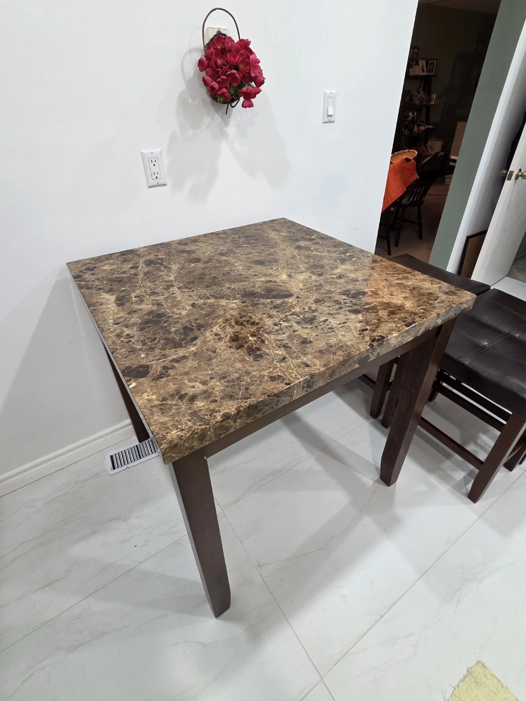 Square Marble Design Top Dining Table with 4 Dark Brown Stools - photo 2