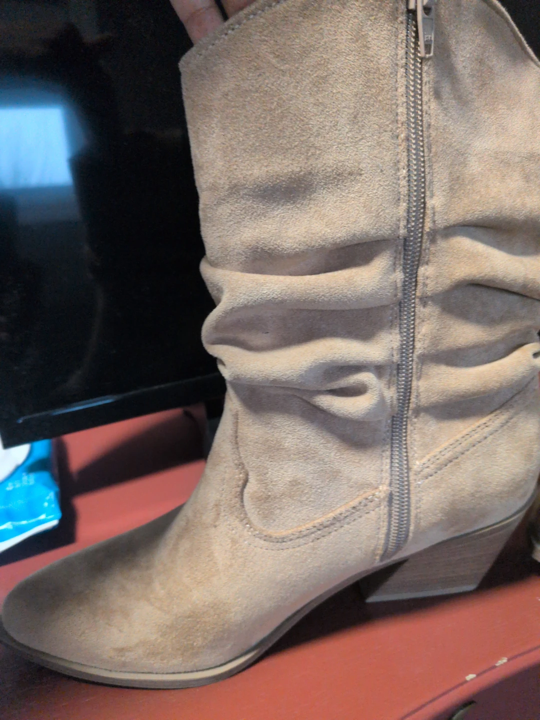 Beige Suede Slouchy Heeled Boots