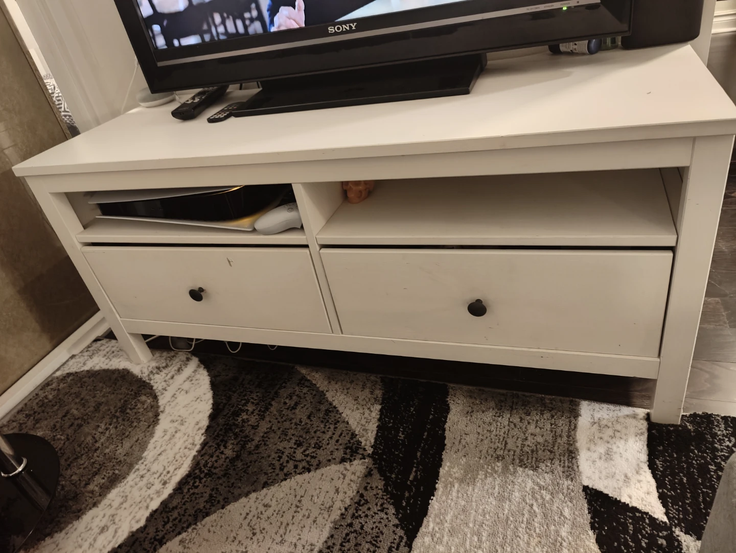 White TV Stand with 2 Drawers and Open Shelf