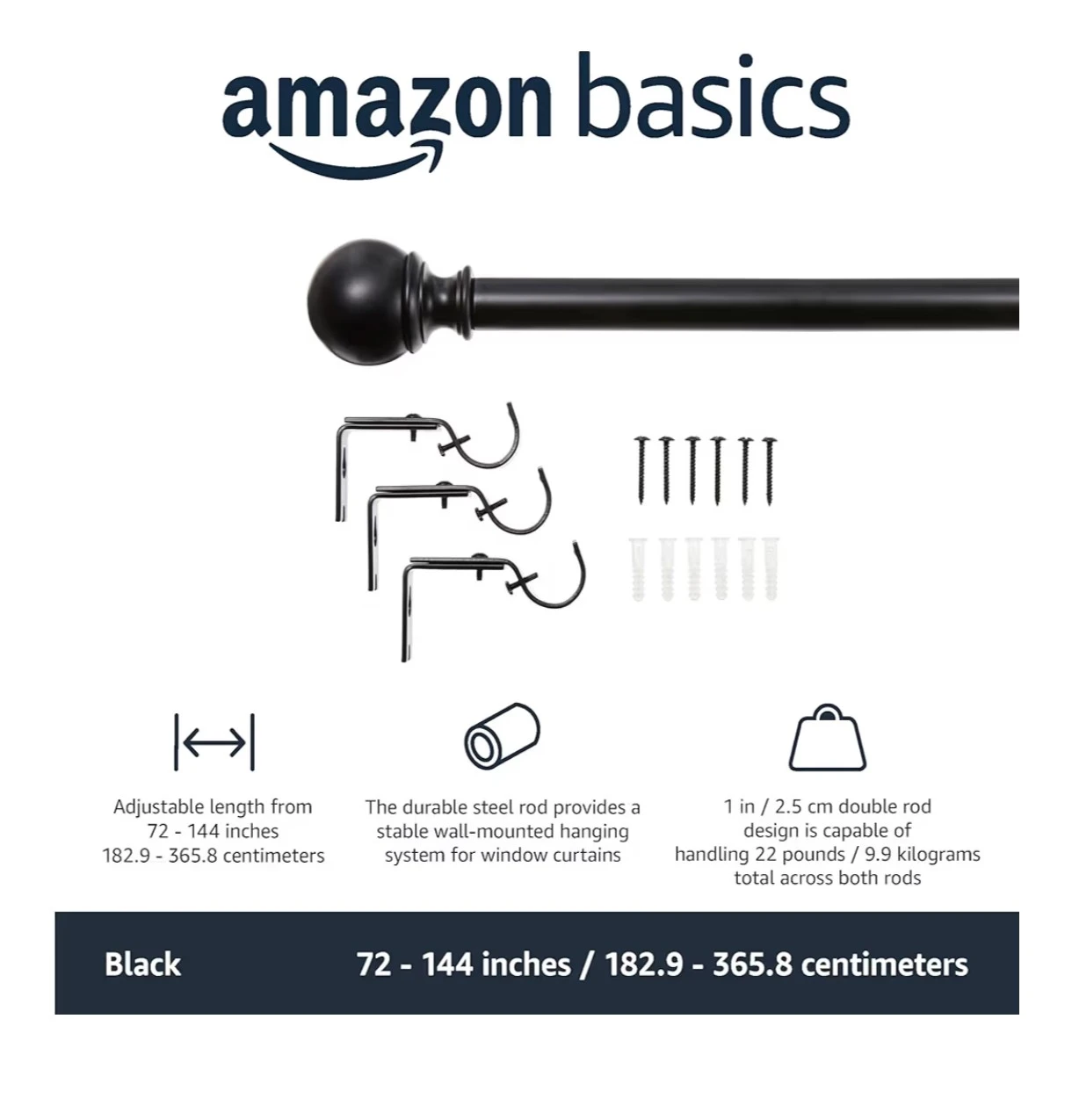 NEW Curtain Rod with Round Finials  - Black - photo 2