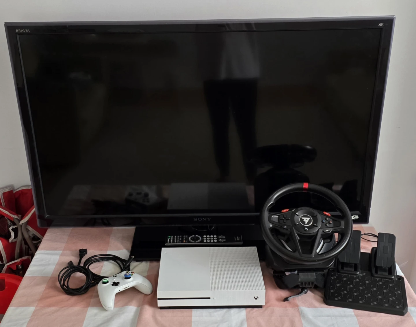Xbox One S Console with Racing Wheel and TV