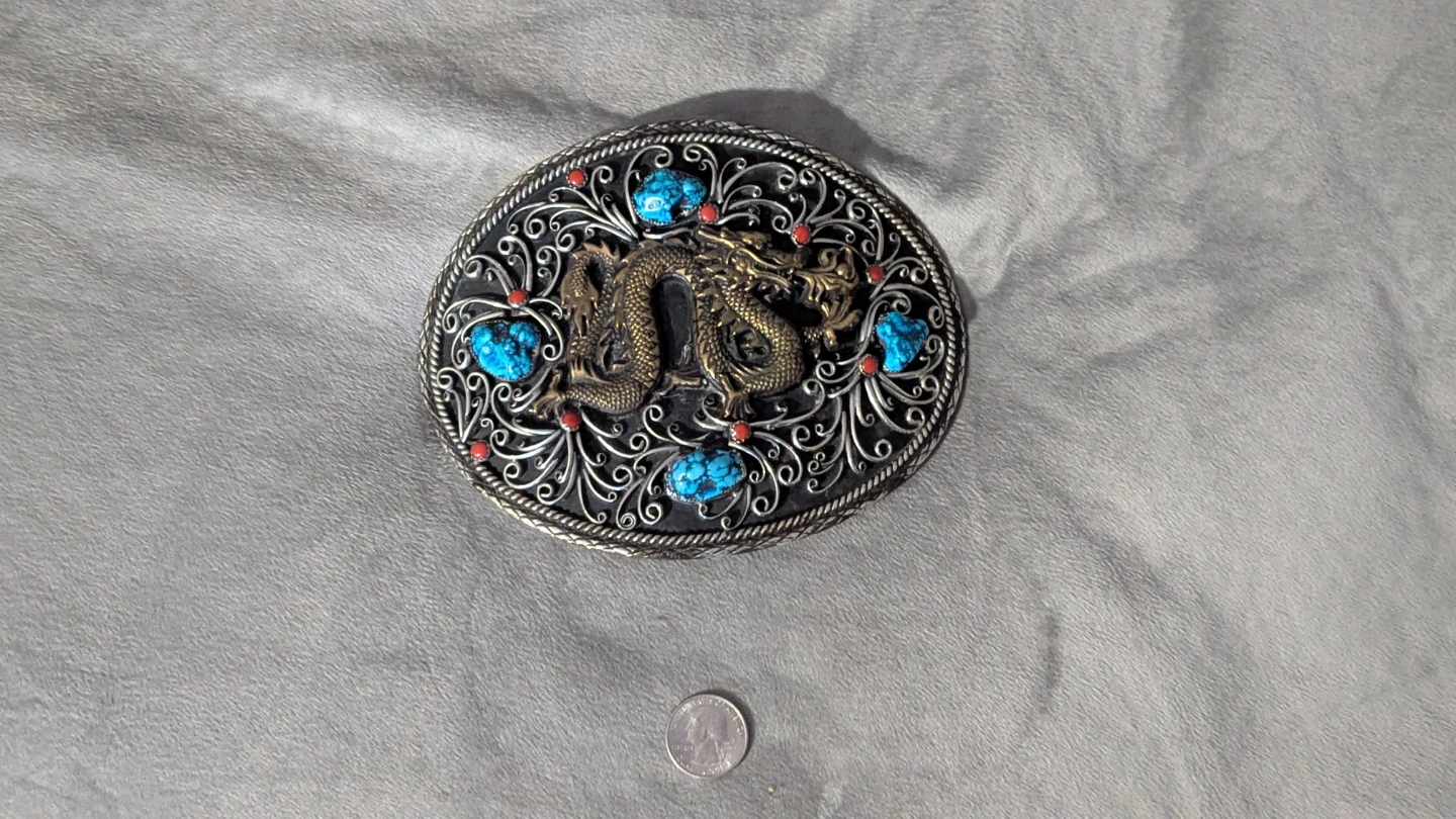 Vintage Dragon Belt Buckle with Turquoise and Red Accents