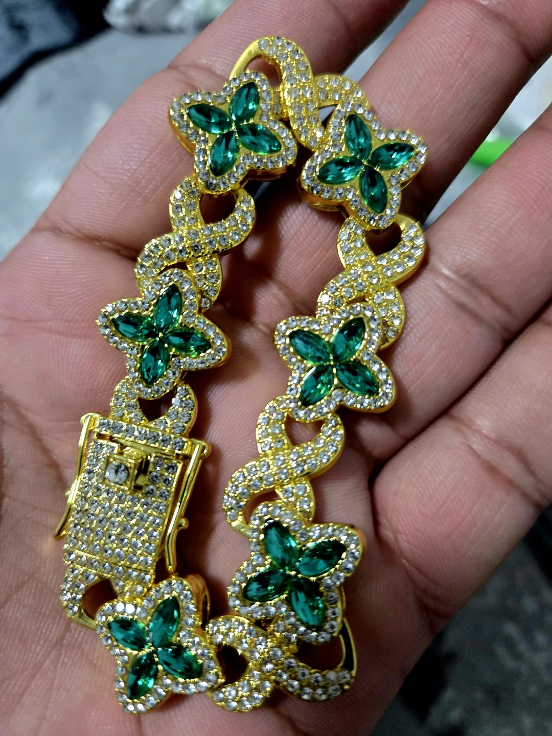 Gold Tone Clover Bracelet with Pink or Green Gems