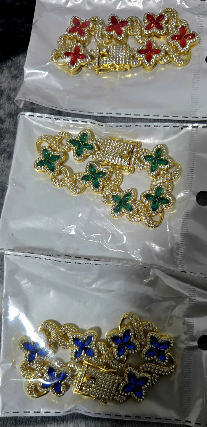 Gold Tone Clover Bracelet with Pink or Green Gems - photo 2