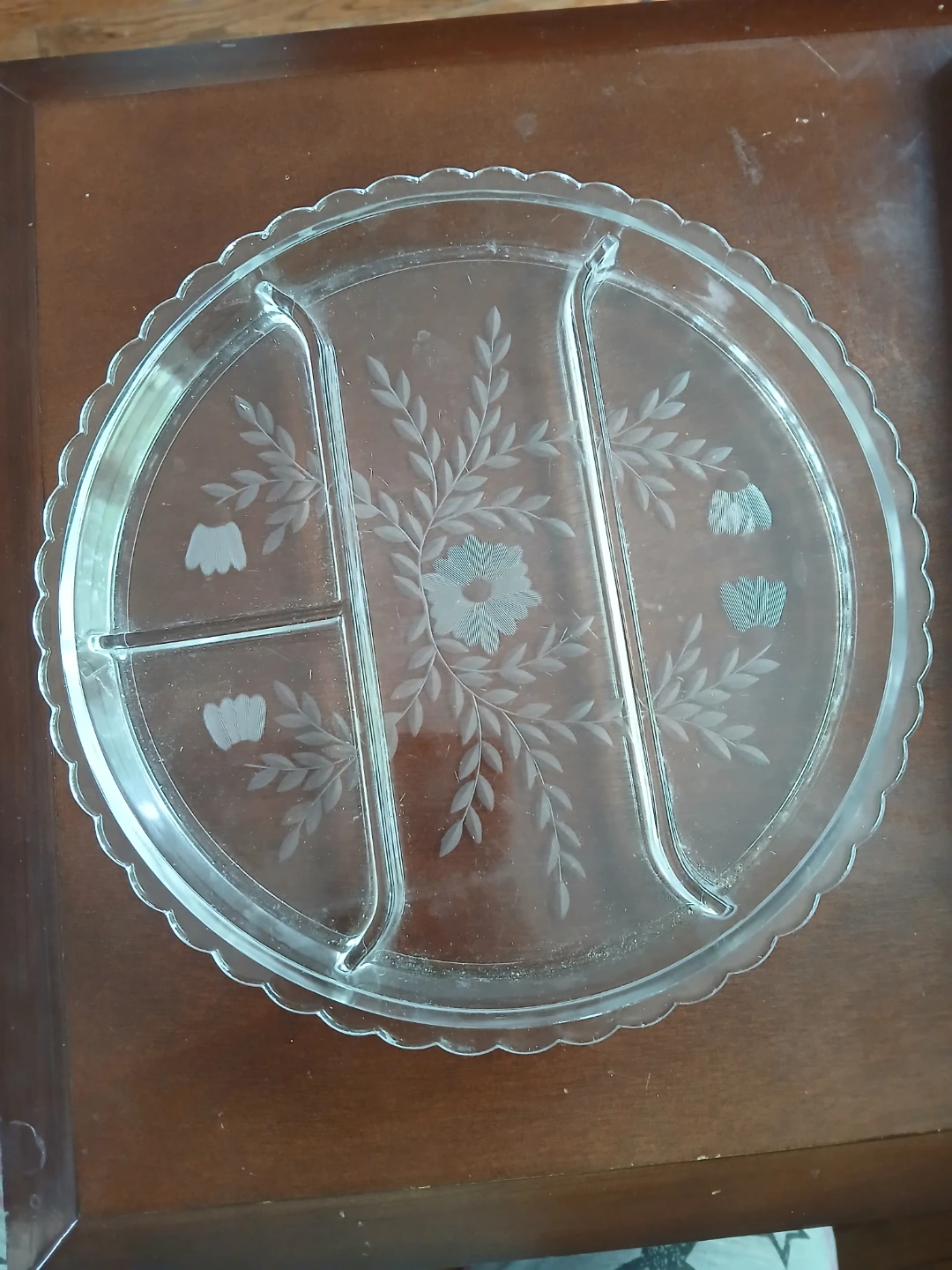Glass Divided Serving Platter with Etched Floral Design
