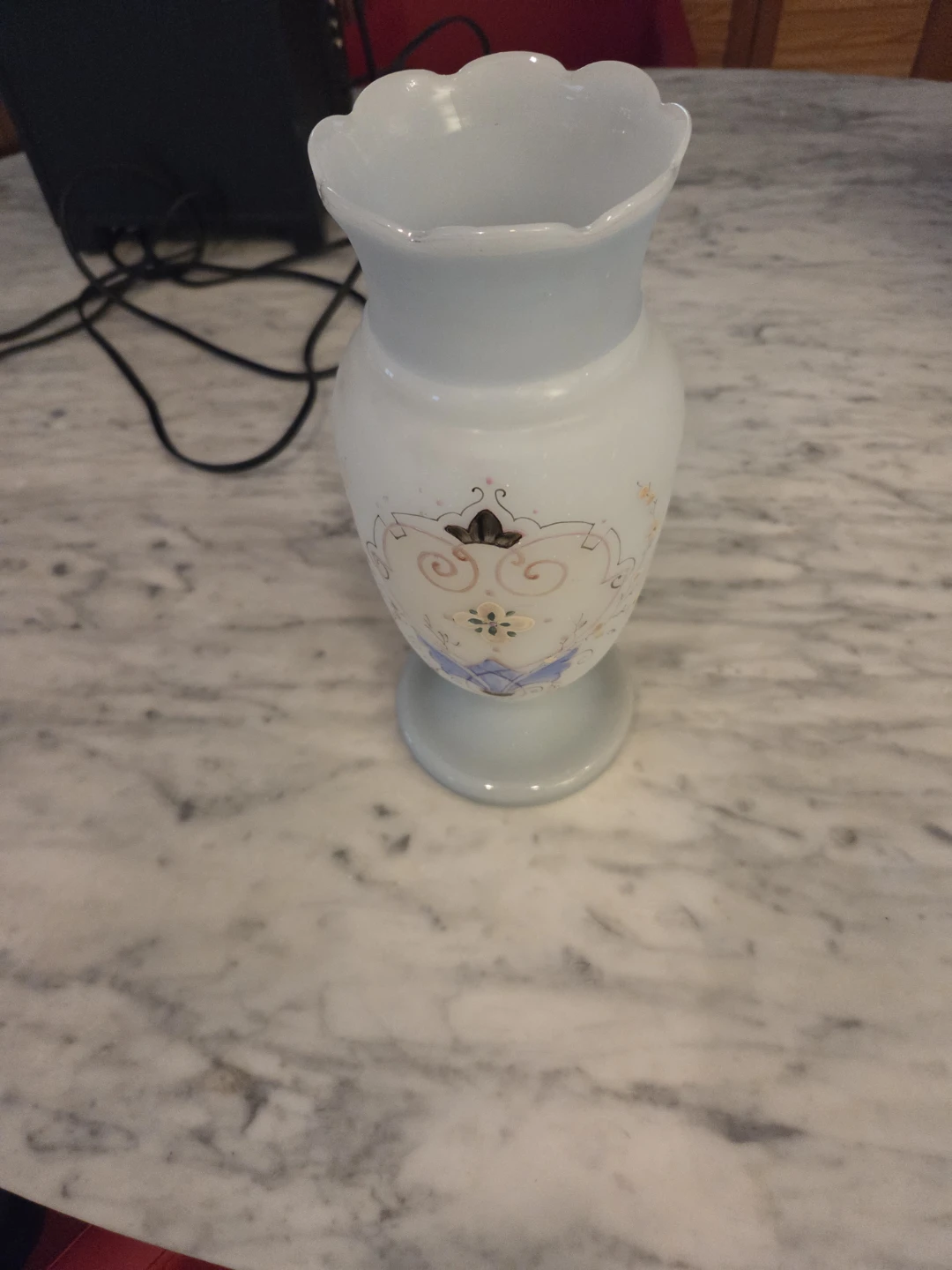 Pale Blue Opaque Glass Vase with Floral Design