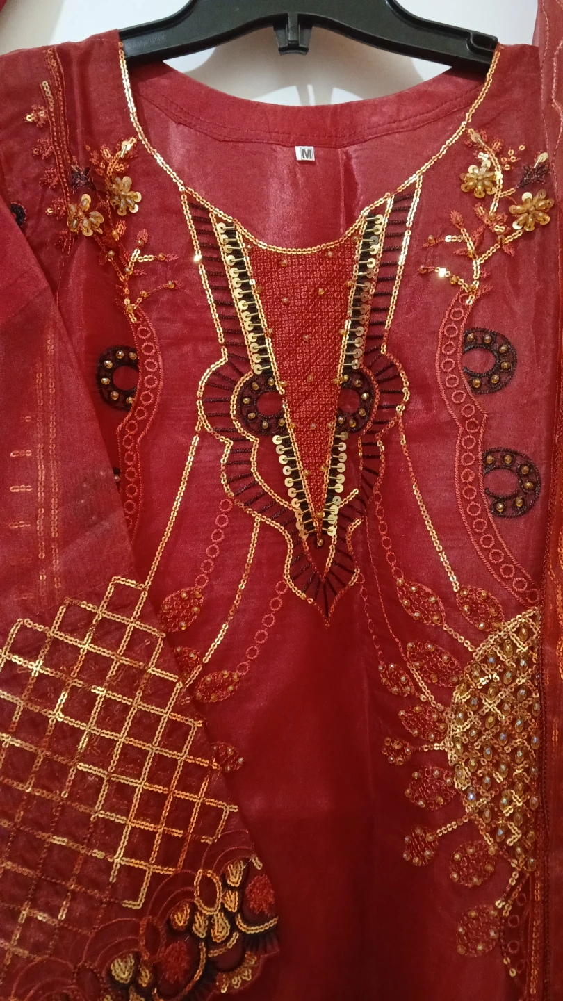 Red Embroidered Salwar Kameez with Dupatta - Size M - photo 2