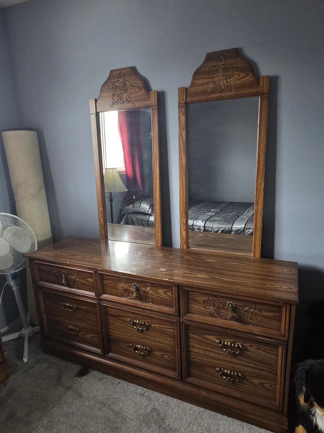 Wooden Dresser with Mirrors and Matching Nightstand