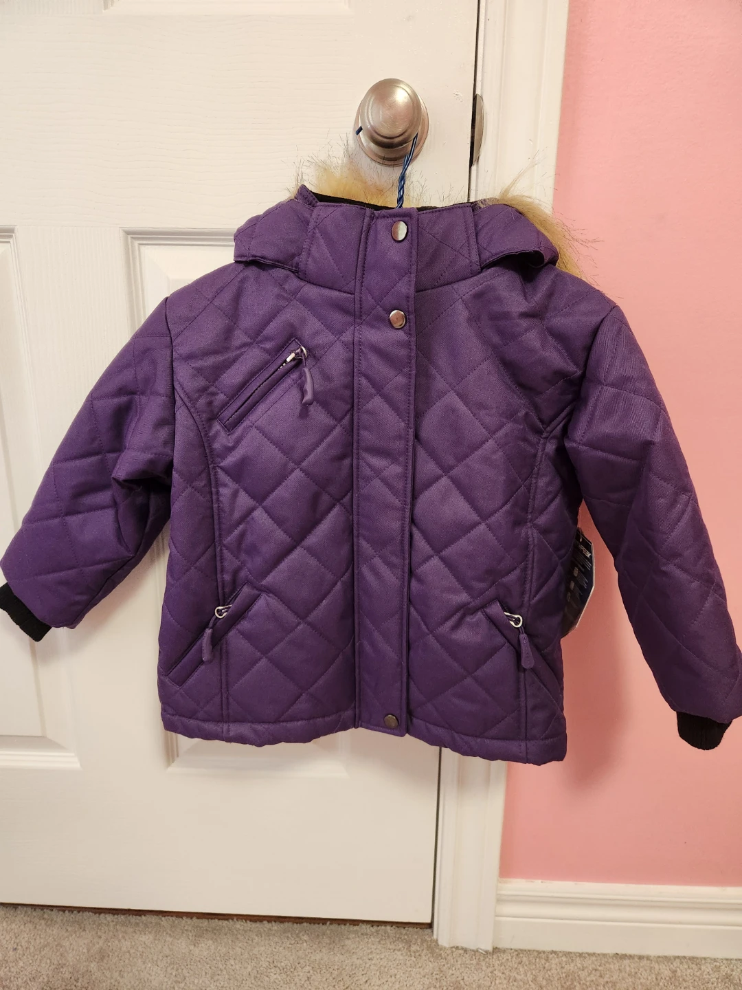 Purple Quilted Winter Jacket with Fur Trim Hood