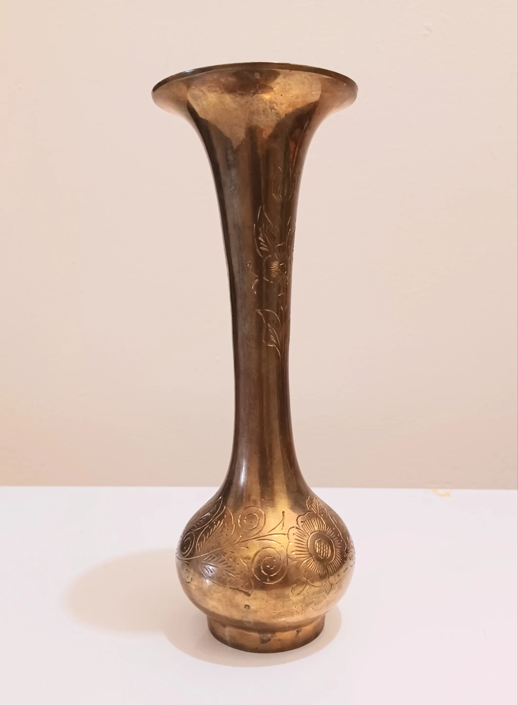 Vtg Etched Brass Table Vase