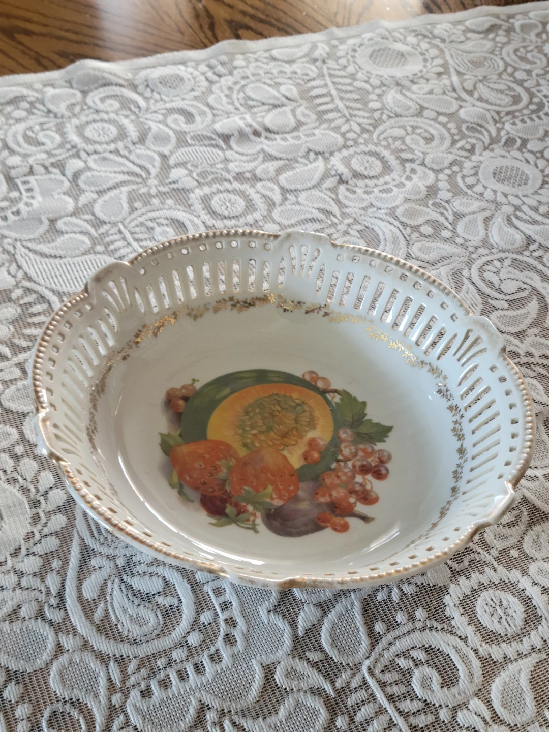 1950s German Reticulated Slotted Open Lace Fruit Bowl