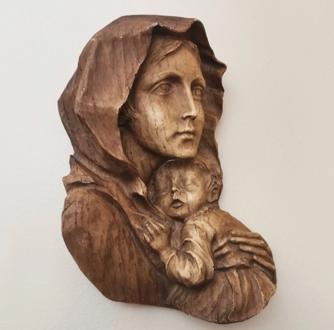 Vintage Hand Carved Madonna & Child Wood Wall Plaque - photo 5