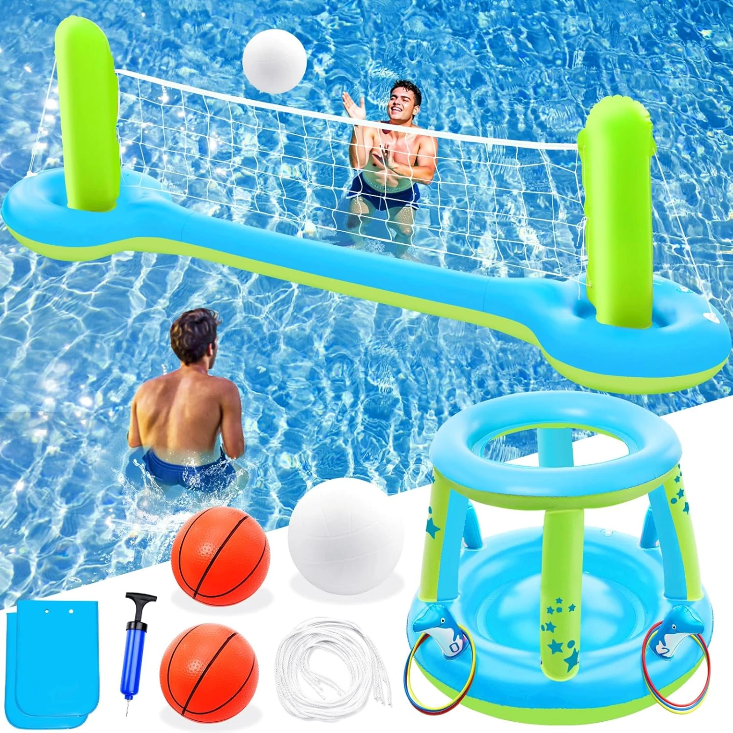 NEW 3 in 1 Pool Volleyball Net Basketball Hoop Ring Toss Game