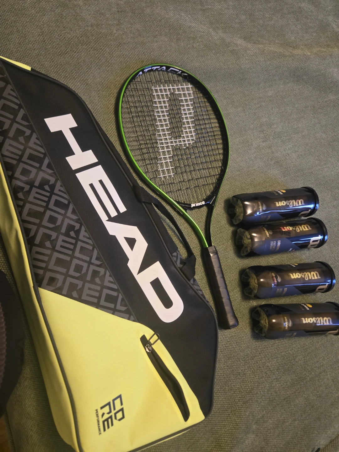 Tennis Racquet, Bag and 4 cans of  Wilson Tennis Balls