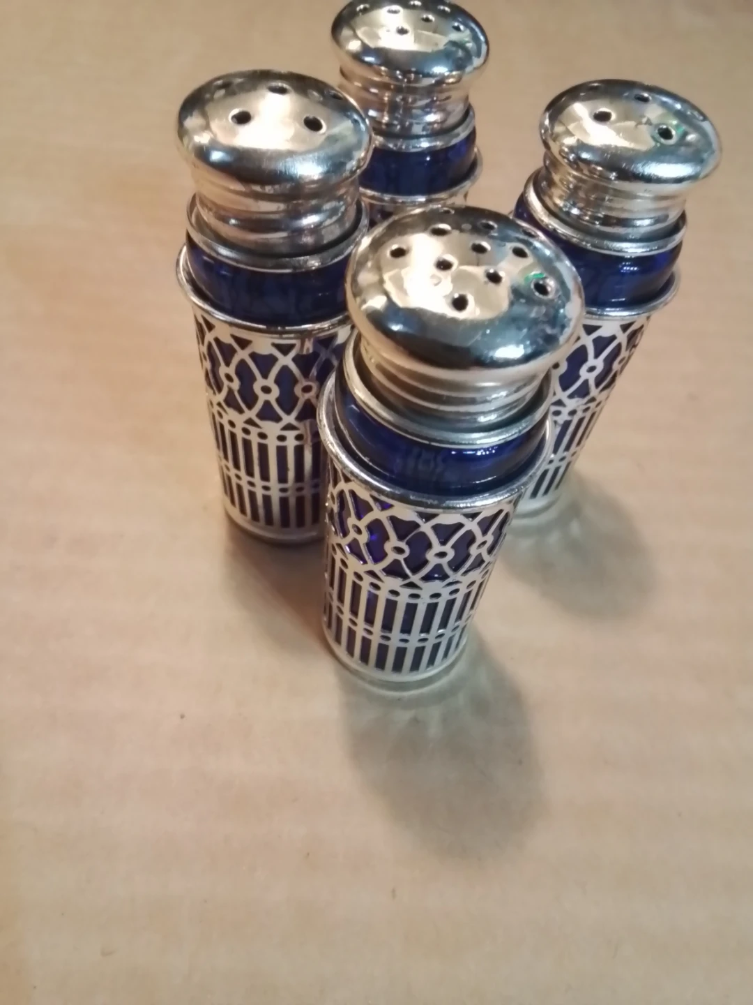 4 Vintage Silver Plated Salt + Pepper Shakers with Cobalt Blue - photo 2