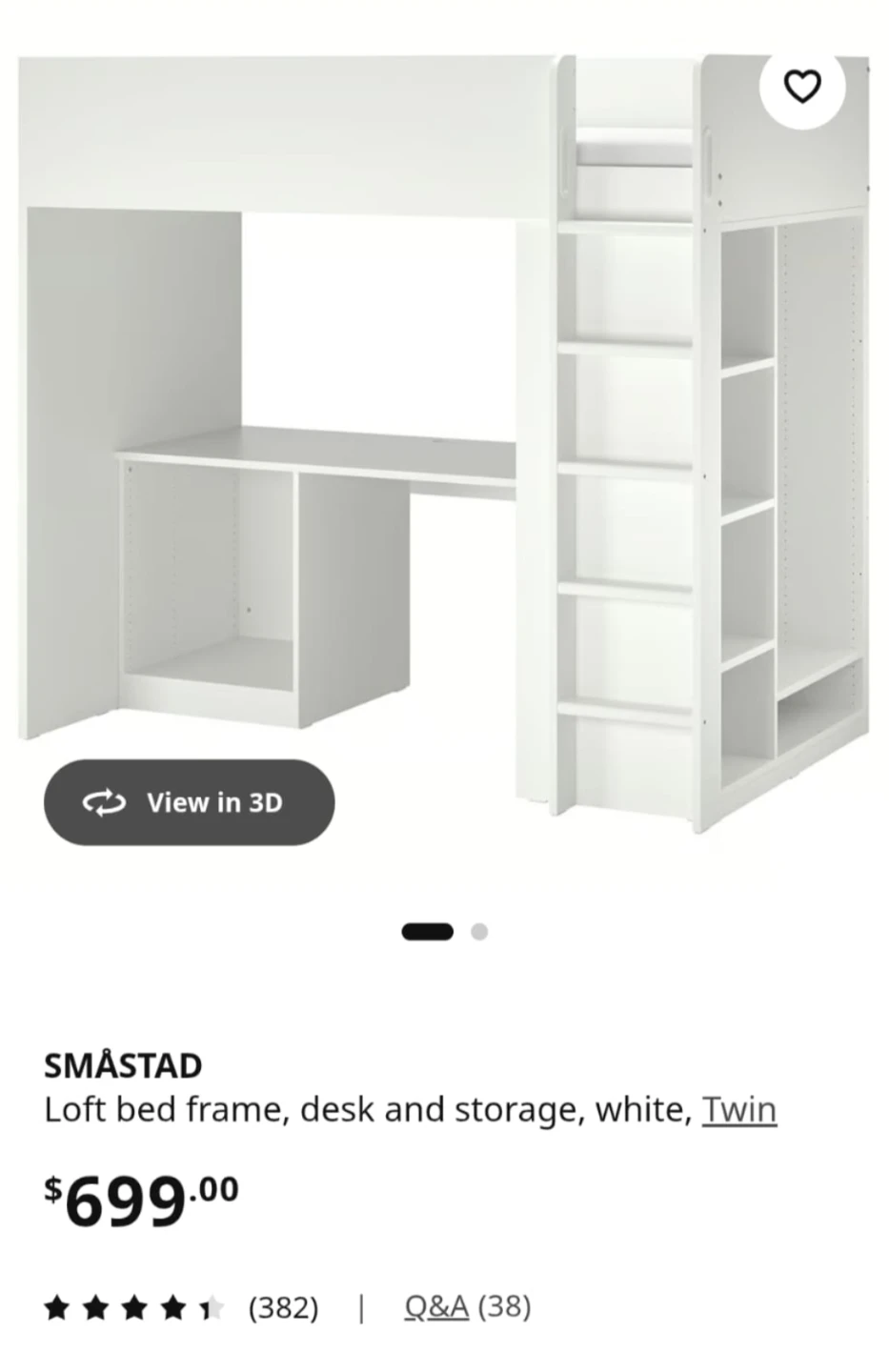 IKEA SMÅSTAD Loft Bed Frame, Desk, and Storage - White, Twin