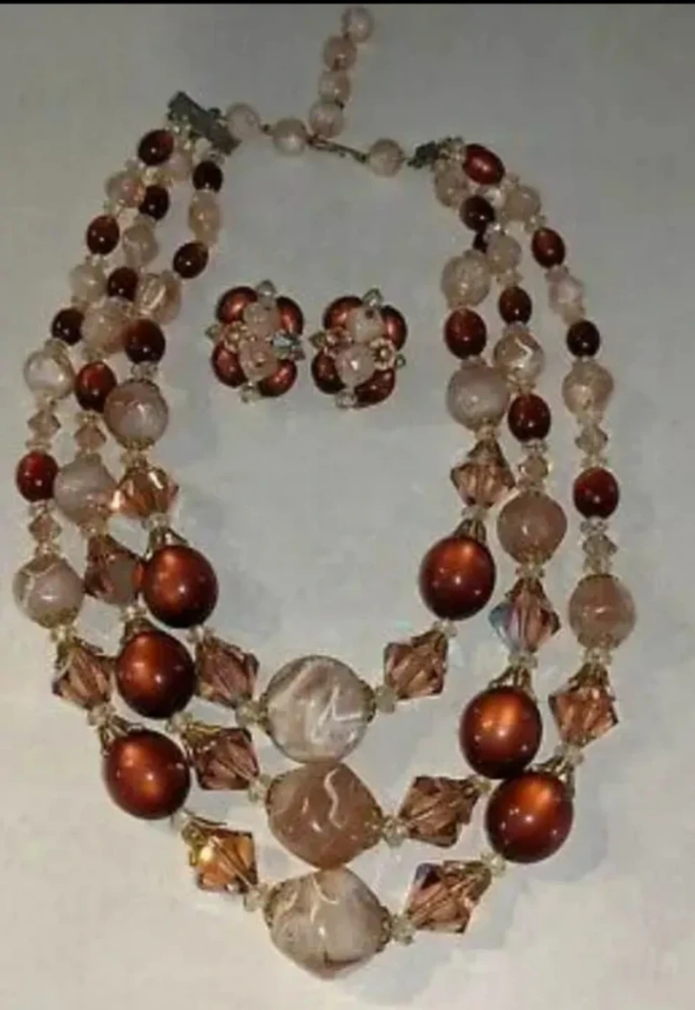 Vintage 1950's Japan Crystal & Foil Necklace & Clip On Earrings