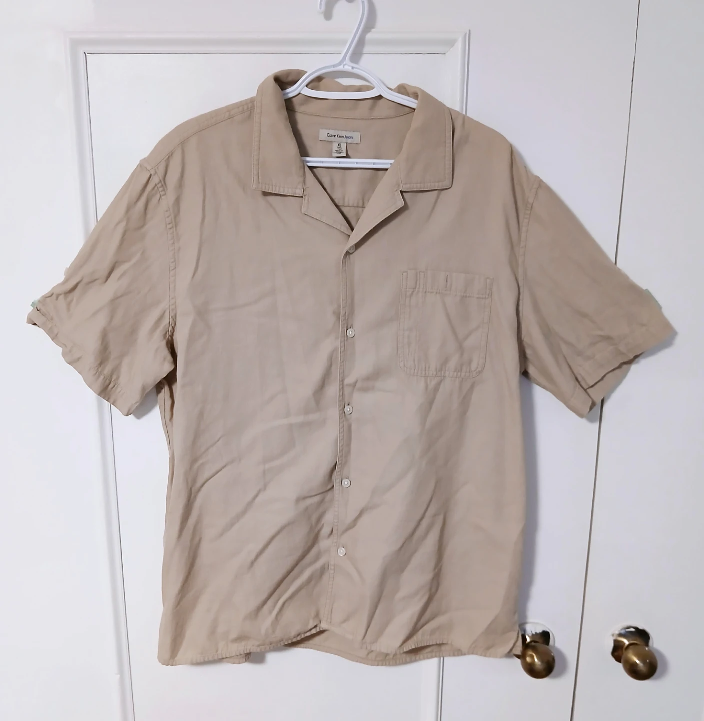 Men XL Beige Short Sleeve Camp Shirt Calvin Klein Jeans