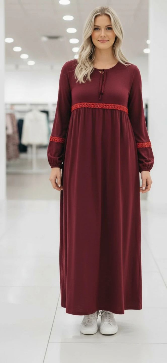 Maroon Maxi Dress with Red Trim