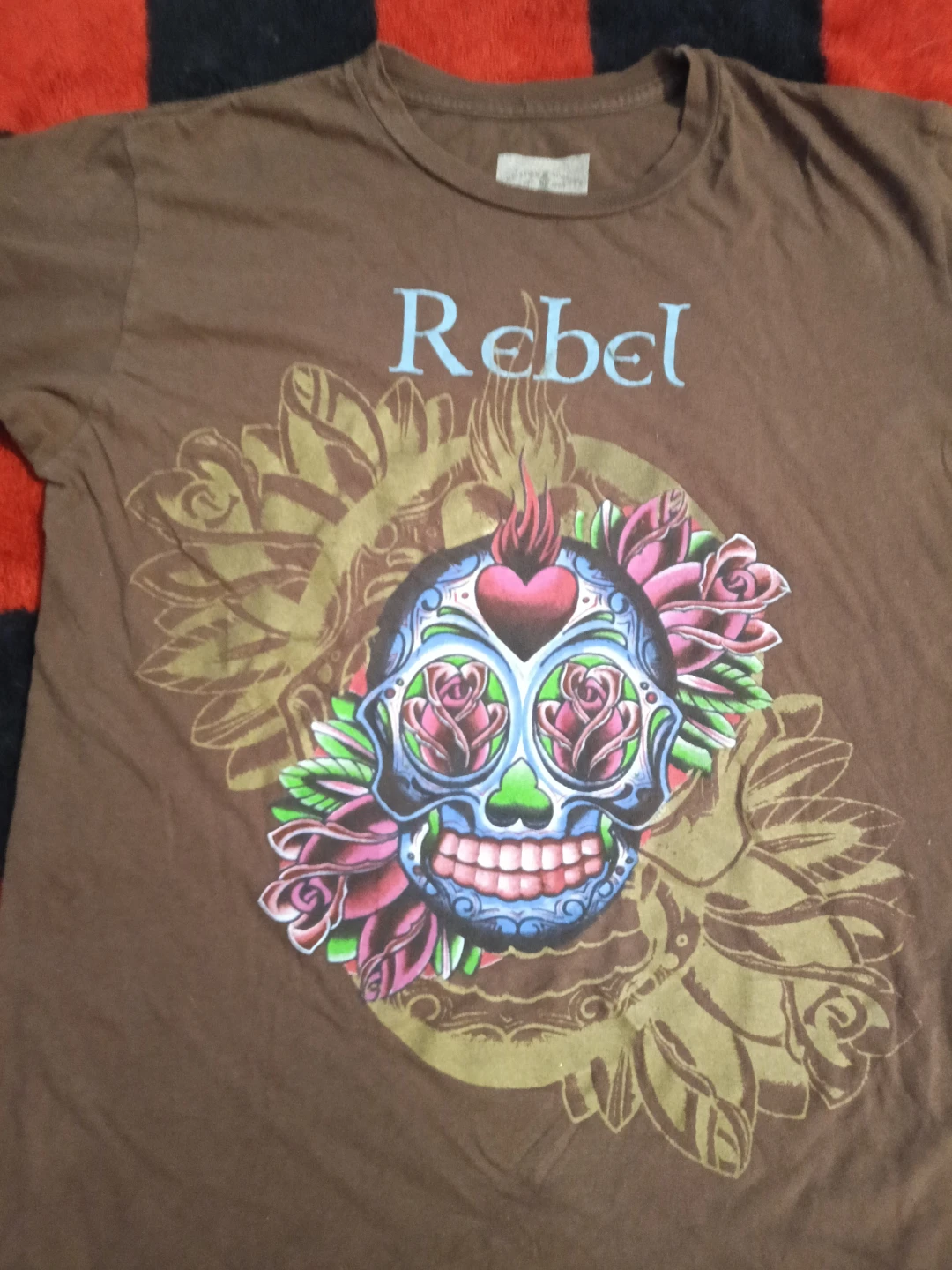 Christian Audigier Brown "Rebel" Skull & Roses T-Shirt Size S - photo 2
