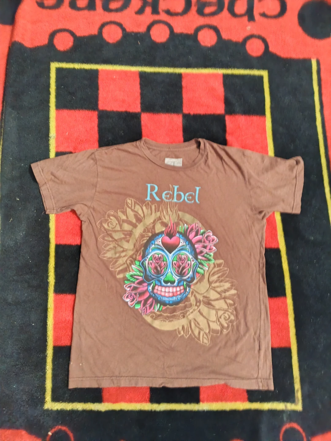 Christian Audigier Brown "Rebel" Skull & Roses T-Shirt Size S