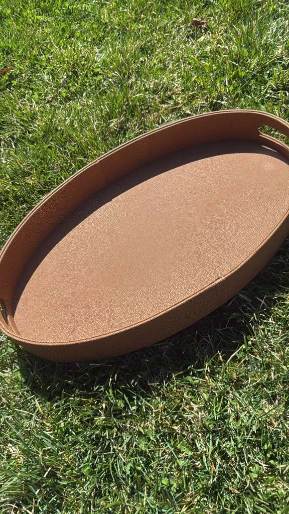 Brown Faux Leather Oval Serving Tray