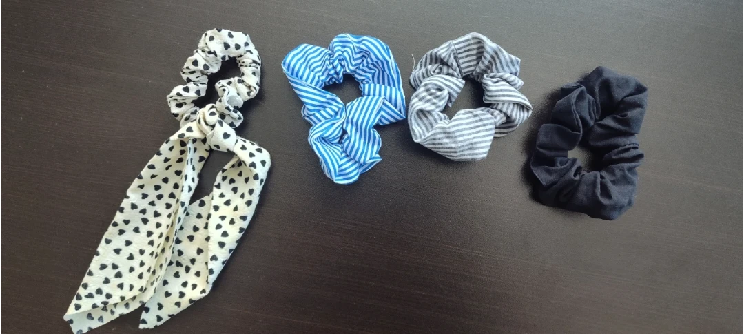 Set of 4 Scrunchies: Hearts, Blue Stripes, Grey Stripes, Black
