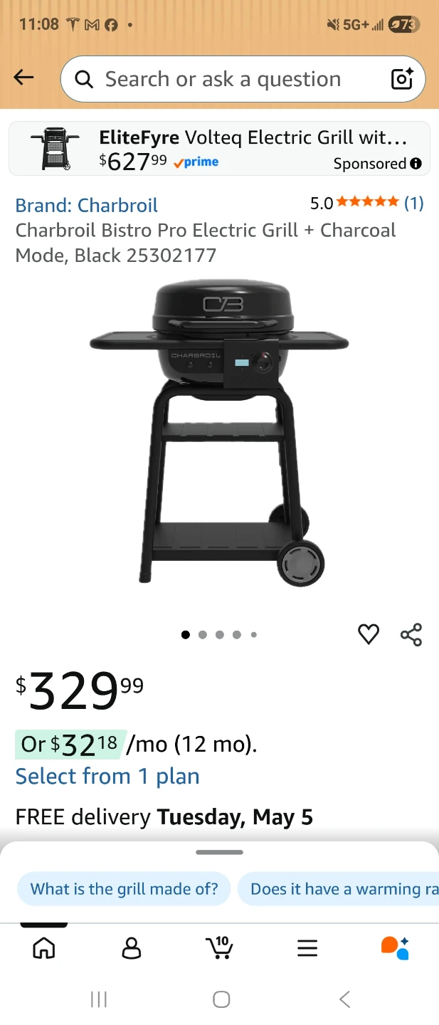 Char-Broil Bistro Pro Electric Grill with Charcoal Mode, Black