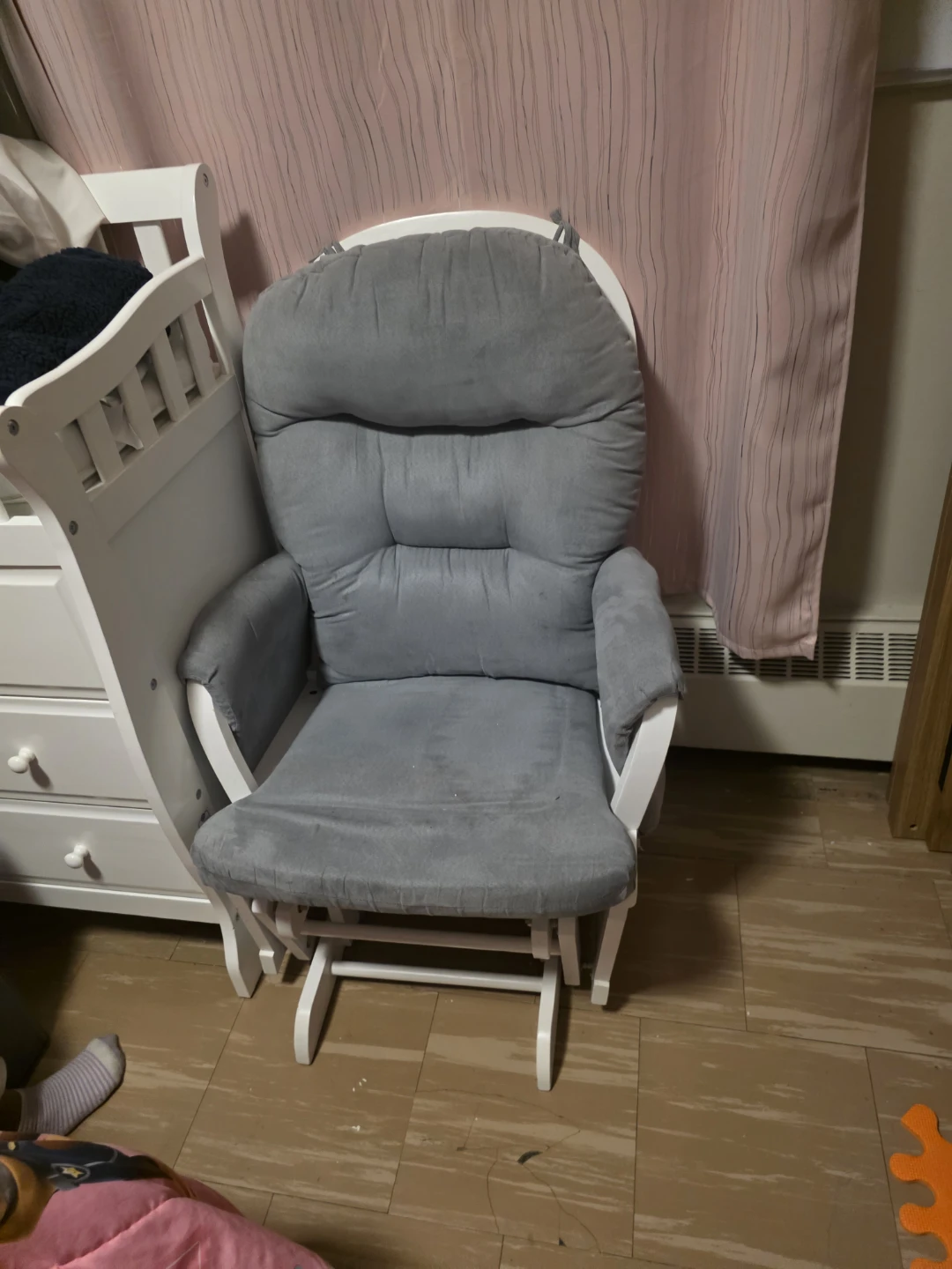 Grey Glider Rocking Chair with a legs rest included