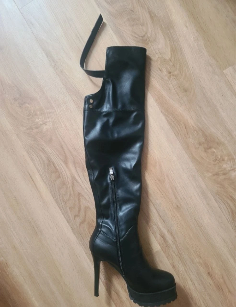 Black Faux Leather Thigh-High Boots
